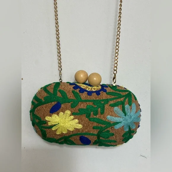Embroidered Floral Cork Crossbody/Clutch Bag in Brown and Green - Picture 1 of 7